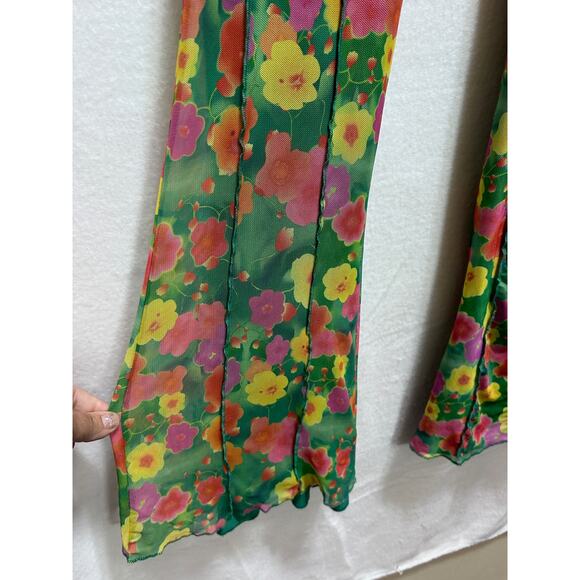 Forever 21 Mesh Green Floral Print Pant L Lined Casual Beach Coastal Boho Hippie - Picture 4 of 9